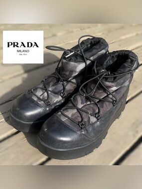 Vintage Prada Black and Gray Camo-Pattern Lace-Up Weatherproof Hiking Boots